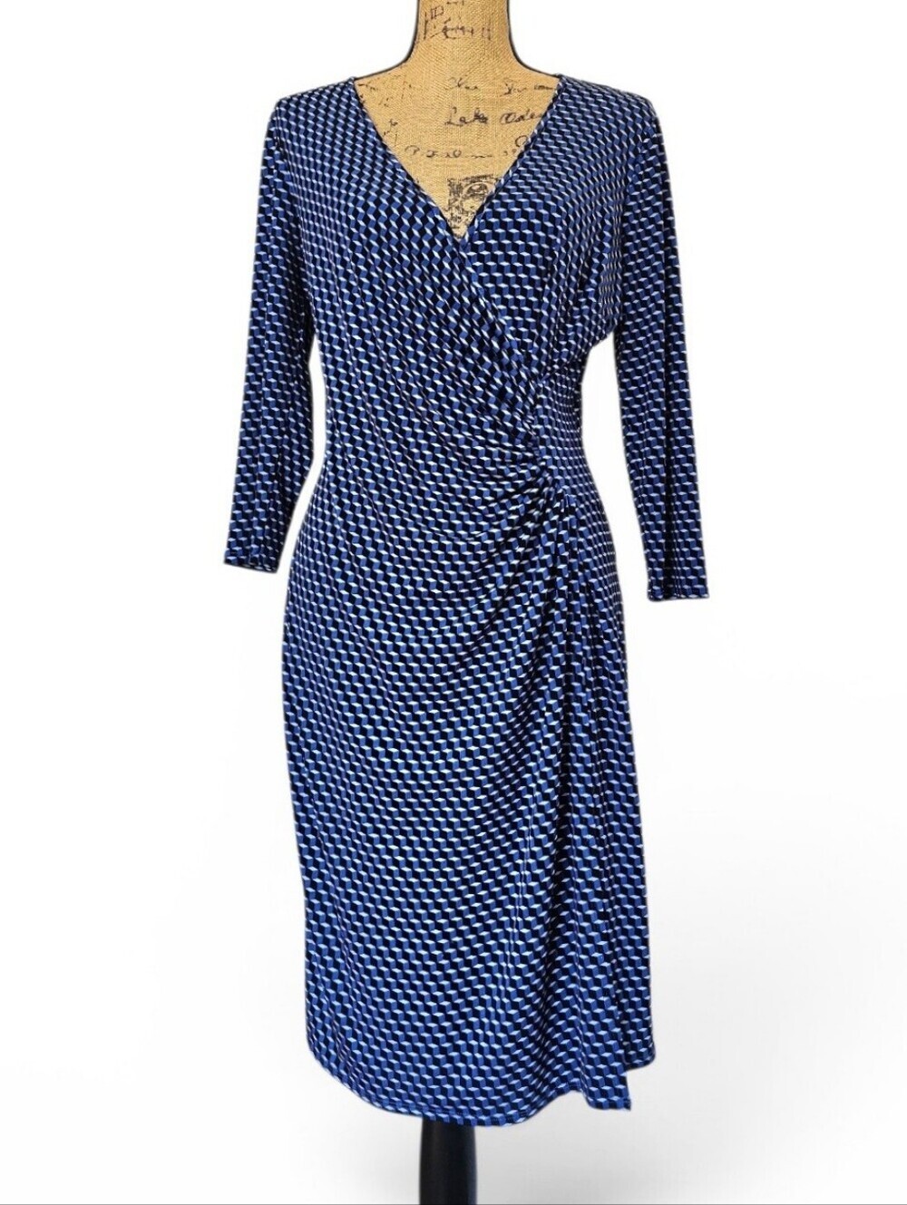 Laundry by Design Preppy  Blue and White Geometric Ruched Stretch Dress, Size M